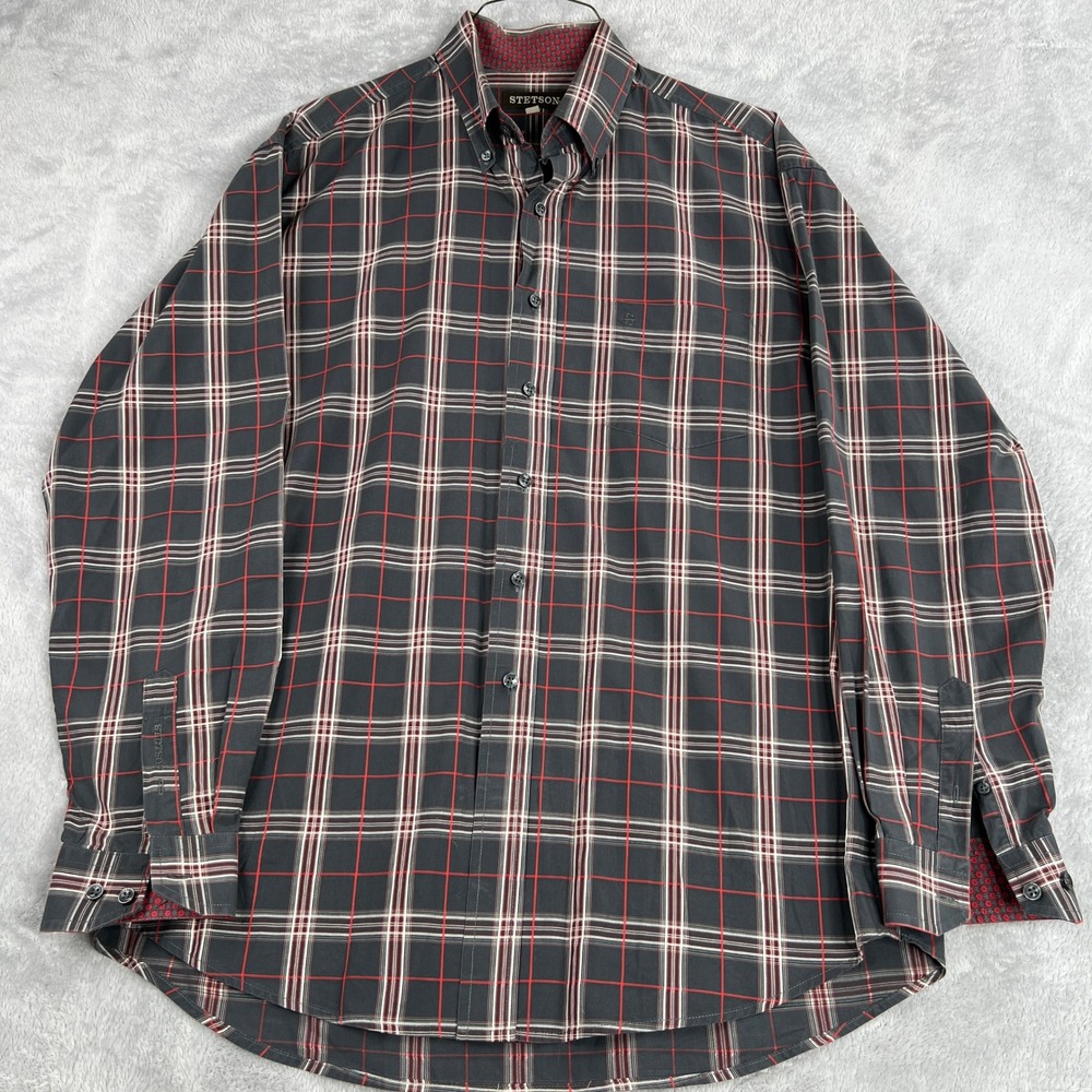 Stetson Plaid Button Down Shirt L Black Red Men Western Cowboy Casual Cotton